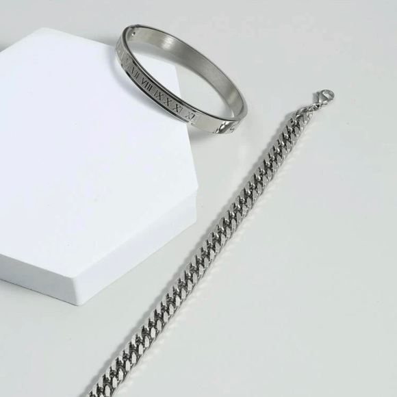 Men Chain Bracelet & Roman Numerals Bangle - Picture 2 of 4